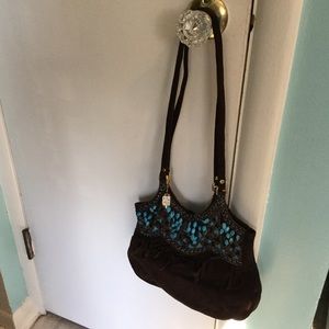 Brown suede/turquoise bead embellished bag